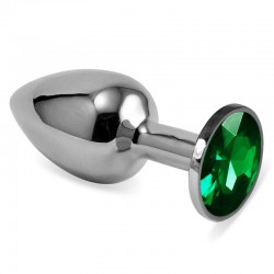 Smooth butt plug with green stone Silver Rosebud Classic Metal Plug Small