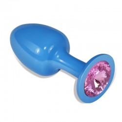 Blue butt plug with pink stone in Rosebud Blue gift box