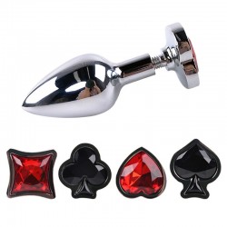 Metal butt plug with a set of interchangeable tips in a poker style