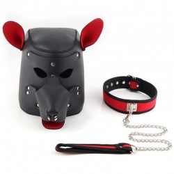 BDSM mask with collar Neoprene Dog Headgear Collar Red