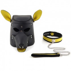 BDSM mask with collar Neoprene Dog Headgear Collar Yellow