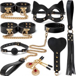 Elite set of bdsm accessories Golden Leather Bondage Kit 8 Pieces