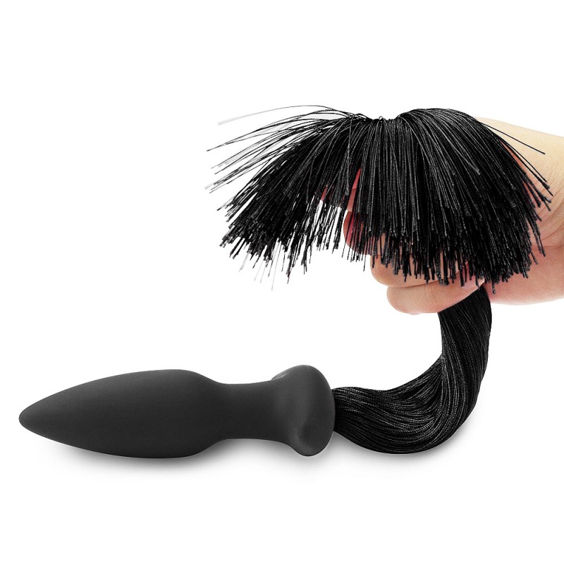 Black Butt Plug with Black Tail Silicone Anal Plug with Pony Tail. Артикул: IXI61312