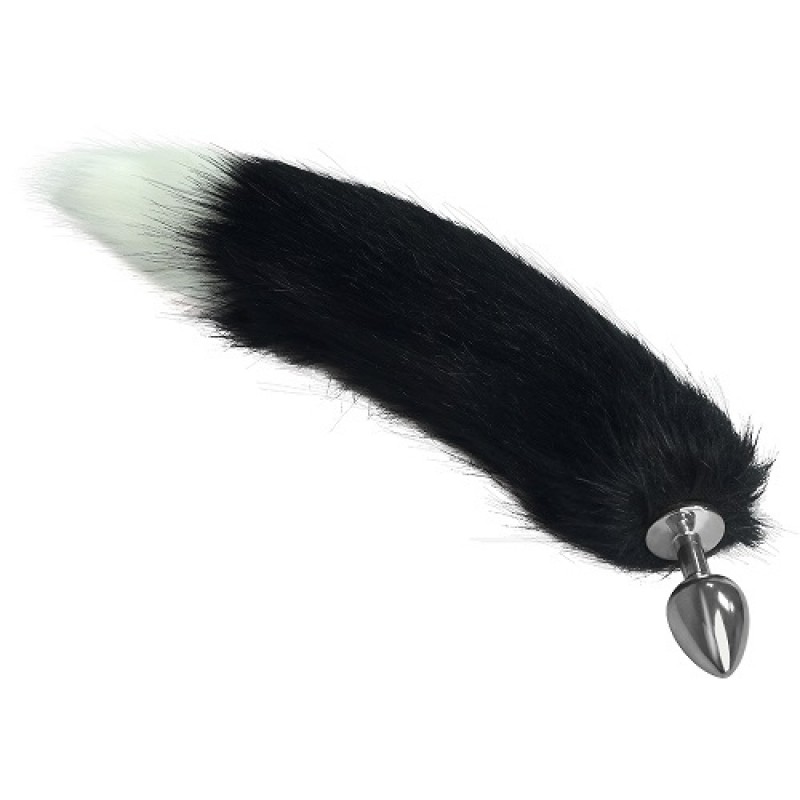 Butt Plug with Black and White Puffy Tail Metal Anal Tail Large. Артикул: IXI61316