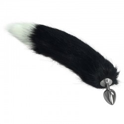 Butt Plug with Black and White Puffy Tail Metal Anal Tail Large