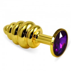 Ribbed Gold Butt Plug with Purple Crystal Rosebud Spiral Metal Plug