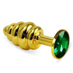 Ribbed Gold Butt Plug with Green Crystal Rosebud Spiral Metal Plug