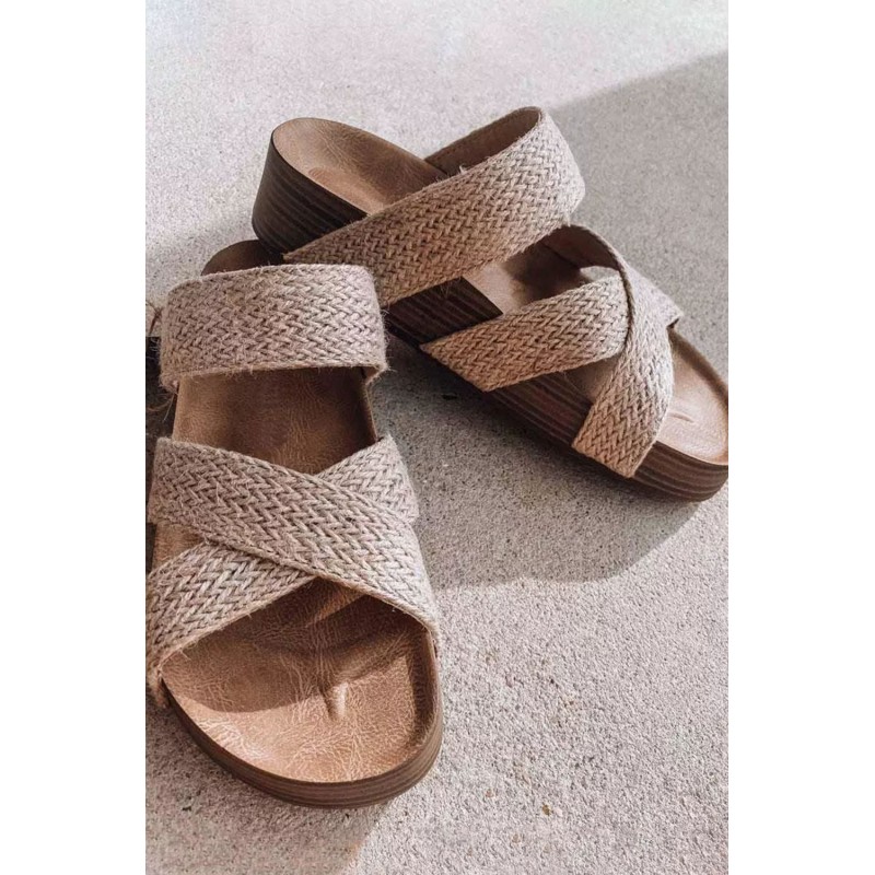 Beige Linen Woven Crisscross Slip-on Slippers. Артикул: IXI61757