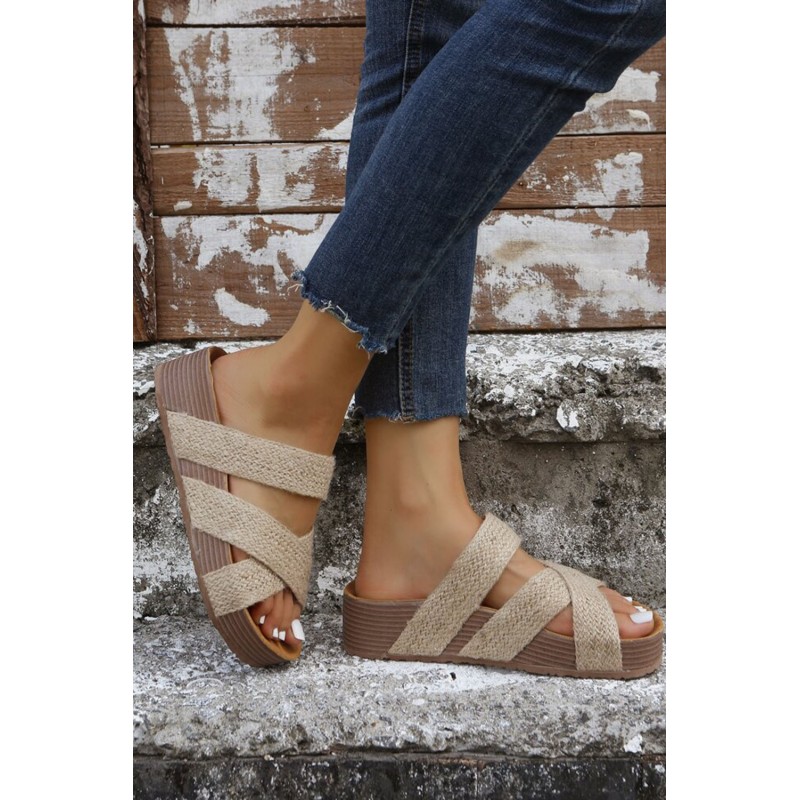 Beige Linen Woven Crisscross Slip-on Slippers. Артикул: IXI61757