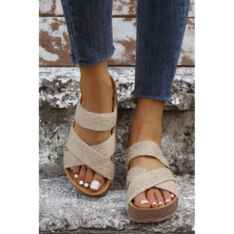 Beige Linen Woven Crisscross Slip-on Slippers. Артикул: IXI61757