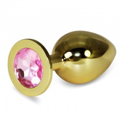 Gold Butt Plug with Light Pink Stone Rosebud Anal Plug Large