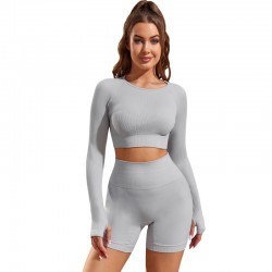 Gray Ribbed Elastic High Waist Seamless Sports Shorts