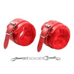 Red Leather Bondage Handcuffs with Premium Fur Lined Locking Restraints