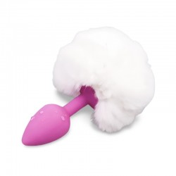 Pink Silicone Anal Plug with White Tail Silicone Fur Tail Plug
