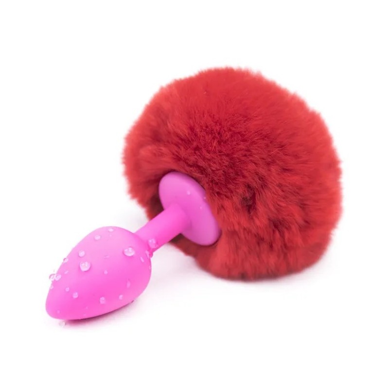 Розовая силиконовая анальная пробка с красным хвостиком Silicone Fur Tail Plug. Артикул: IXI62742