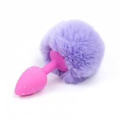 Pink silicone anal plug with blue tail Silicone Fur Tail Plug