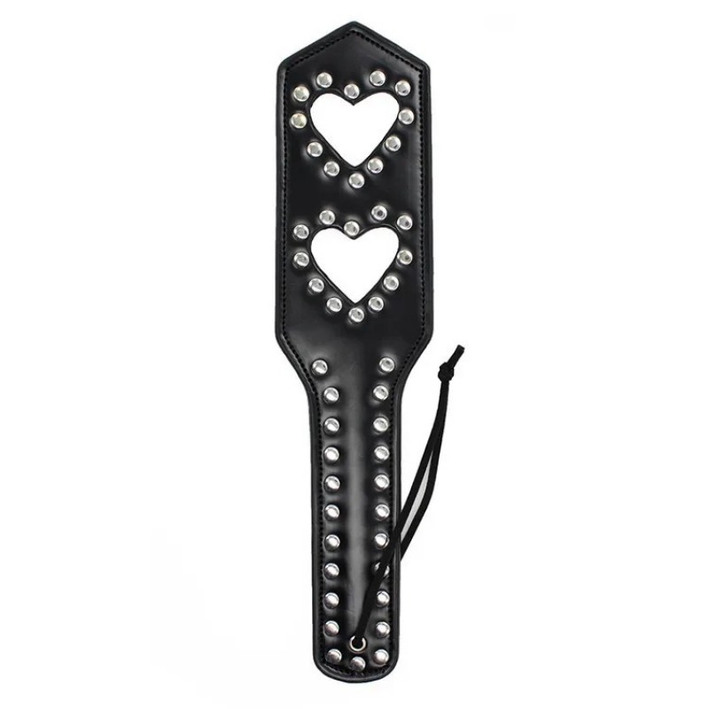 Черная шлепалка с заклепками Hearts Spanking Paddle. Артикул: IXI62983