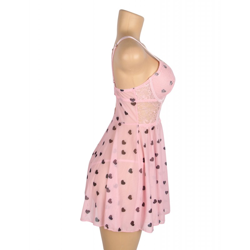 Pink Sexy Heart Printed Lace Mesh Push Up Nightdress. Артикул: IXI63719