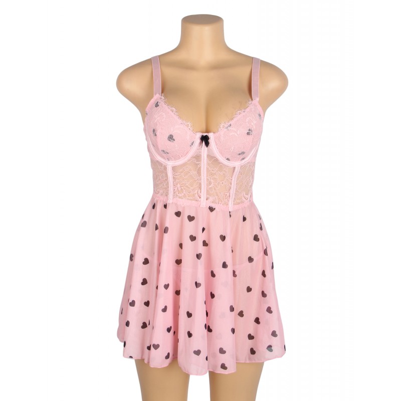 Pink Sexy Heart Printed Lace Mesh Push Up Nightdress. Артикул: IXI63719
