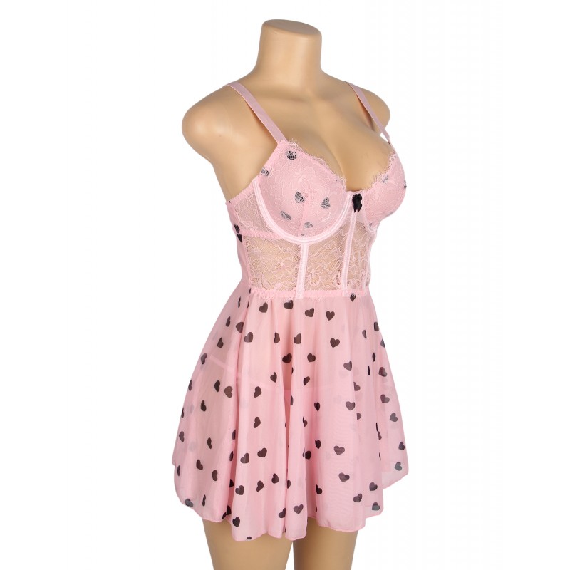Pink Sexy Heart Printed Lace Mesh Push Up Nightdress. Артикул: IXI63719