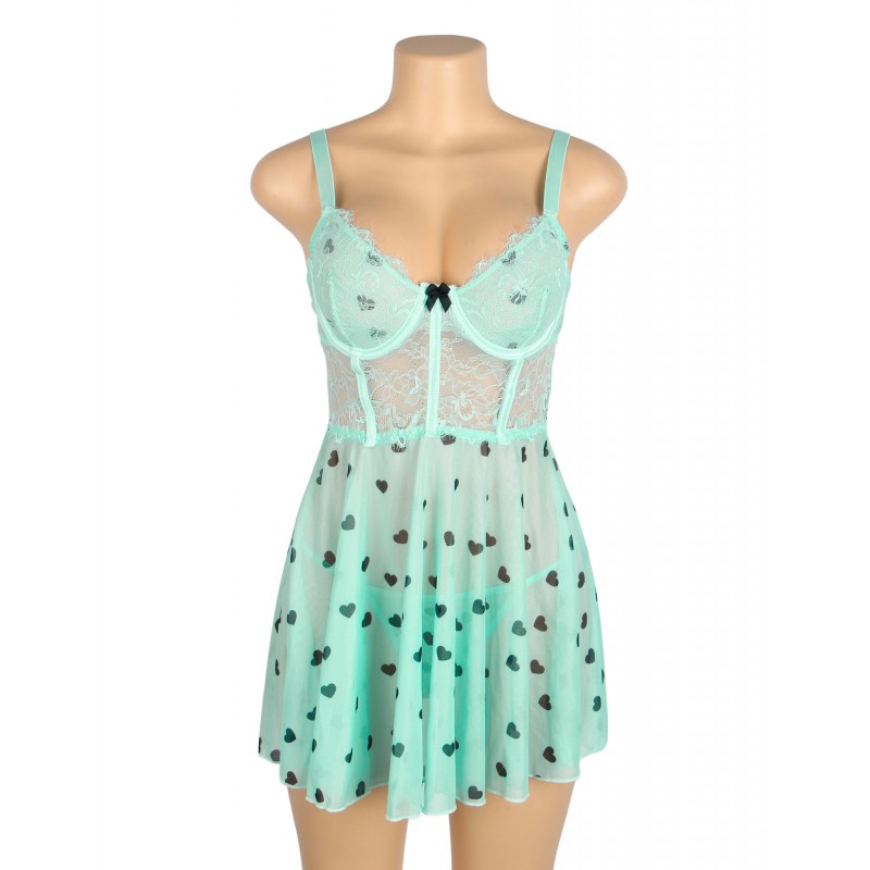 Light Green Sexy Heart Print Lace Mesh Push Up Nightdress. Артикул: IXI63720