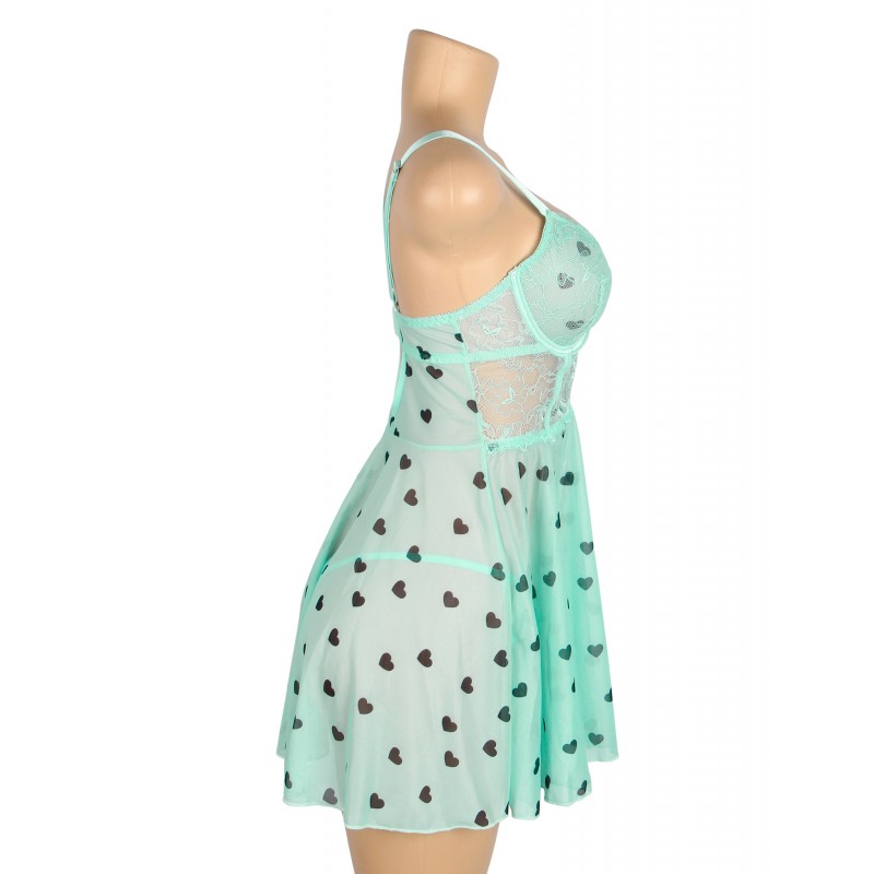 Light Green Sexy Heart Print Lace Mesh Push Up Nightdress. Артикул: IXI63720