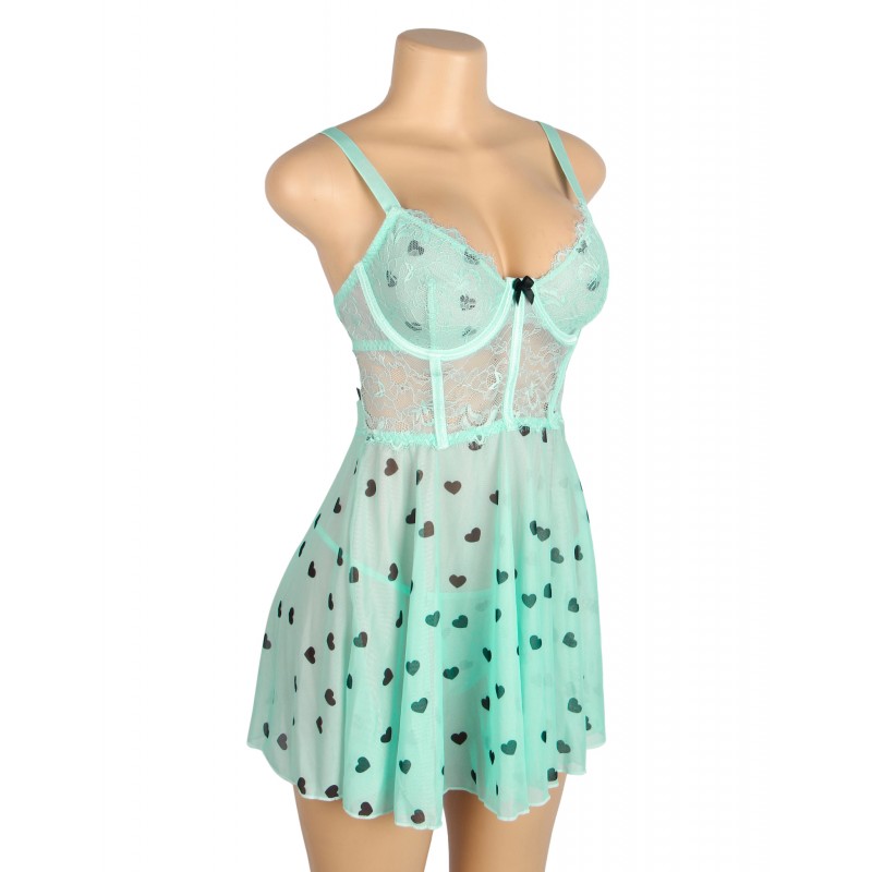 Light Green Sexy Heart Print Lace Mesh Push Up Nightdress. Артикул: IXI63720