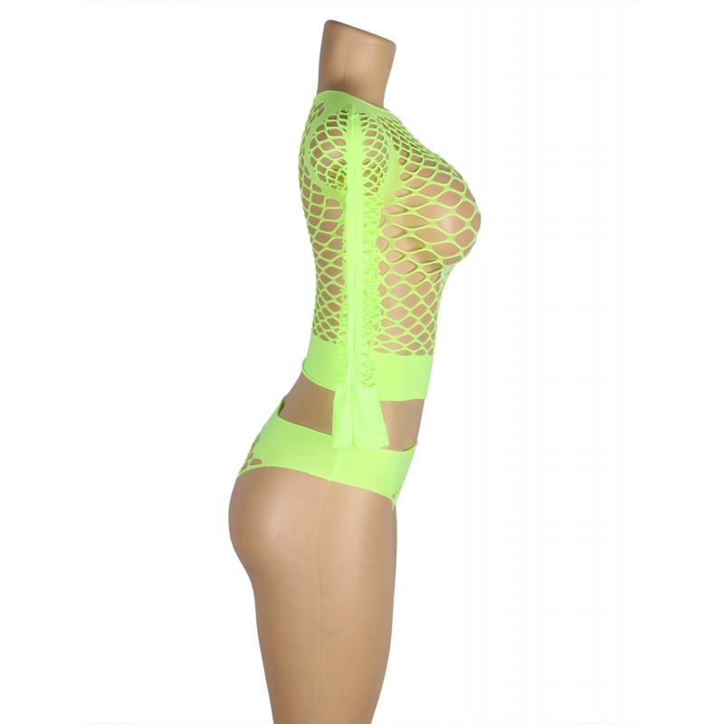 Light Green Long Sleeve Two-Piece Bodystocking With Fishnet Crop Top And Bottom. Артикул: IXI63732