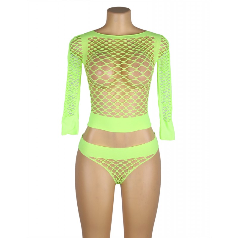 Light Green Long Sleeve Two-Piece Bodystocking With Fishnet Crop Top And Bottom. Артикул: IXI63732
