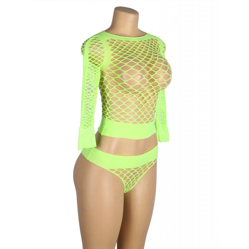 Light Green Long Sleeve Two-Piece Bodystocking With Fishnet Crop Top And Bottom. Артикул: IXI63732