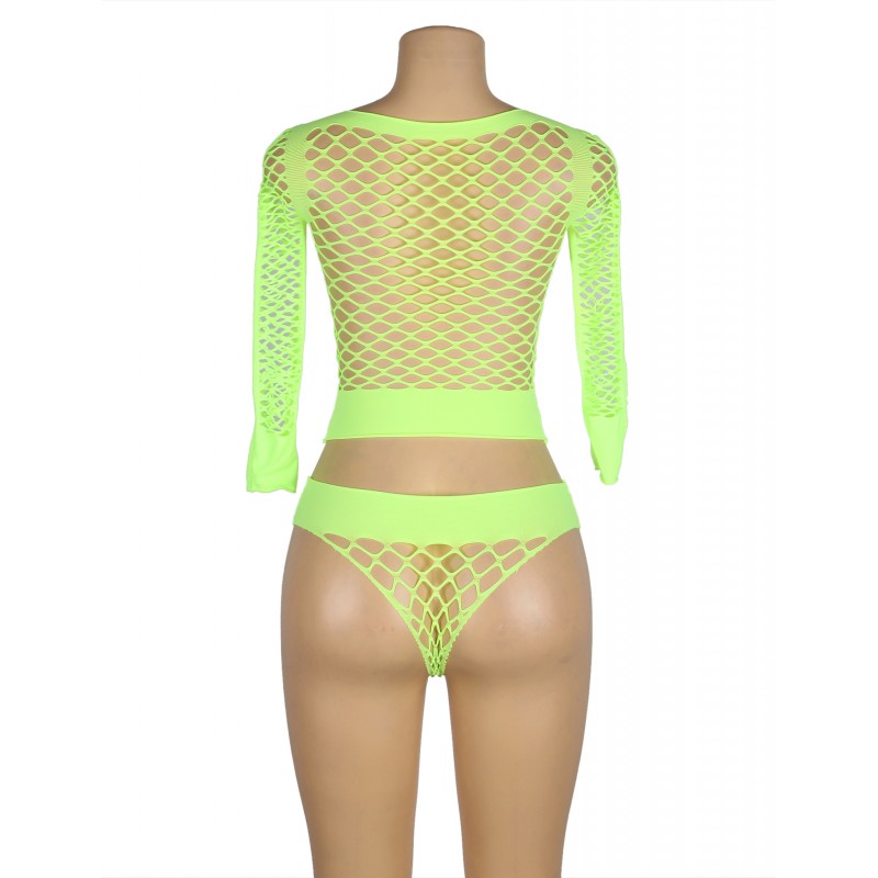Light Green Long Sleeve Two-Piece Bodystocking With Fishnet Crop Top And Bottom. Артикул: IXI63732