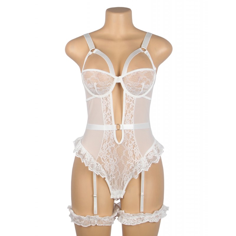 White Sexy Slim Lace Gartered Teddy with Leg Rings. Артикул: IXI63740