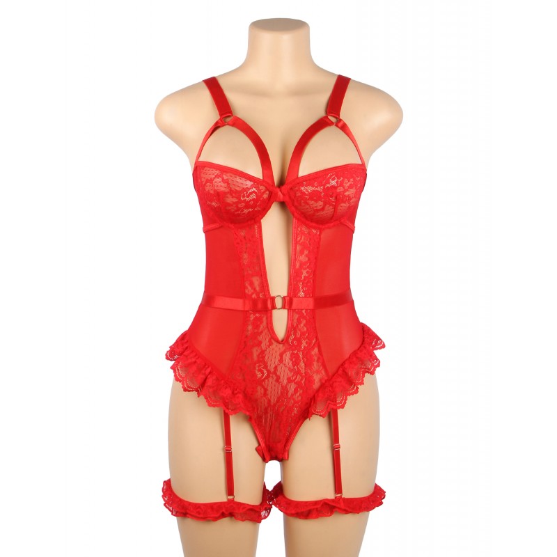 Red Sexy Slim Lace Gartered Teddy with Leg Rings. Артикул: IXI63741