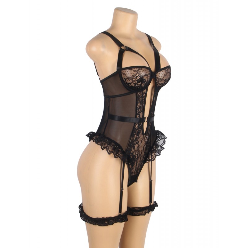 Black Sexy Slim Lace Gartered Teddy with Leg Rings. Артикул: IXI63742