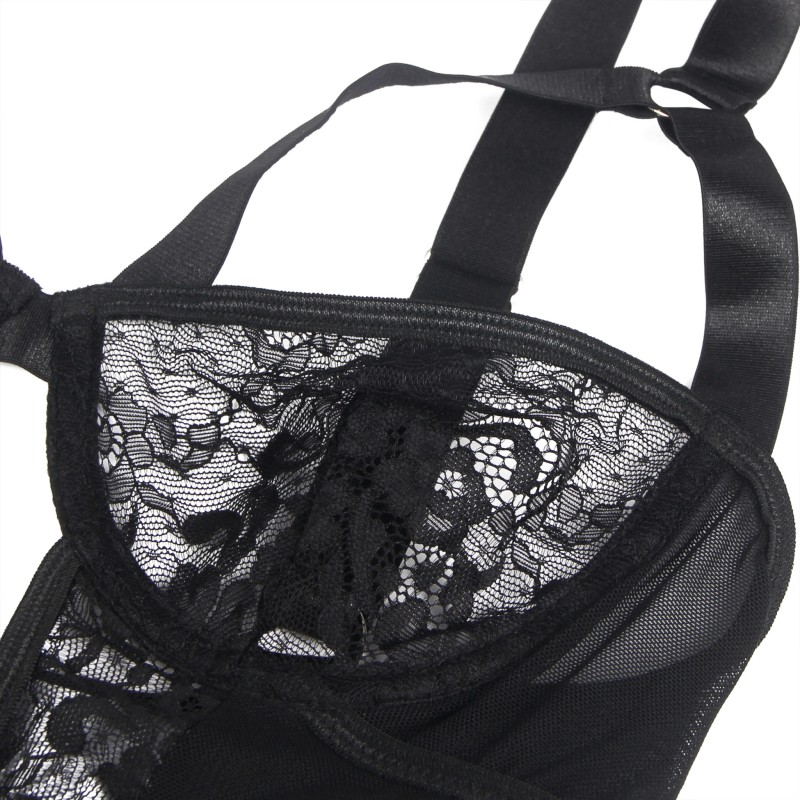 Black Sexy Slim Lace Gartered Teddy with Leg Rings. Артикул: IXI63742