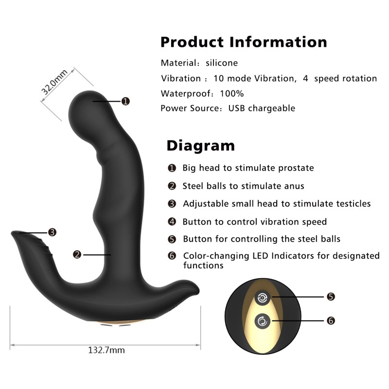 Wy0512 CHARLES-Silicone 10 Stimulation Patterns Vibrating Prostate Massager with Rotating Beads for Male. Артикул: IXI63781