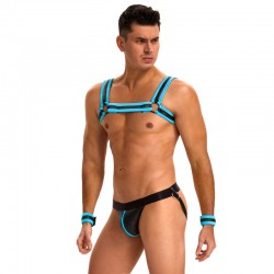 Blue Men Sexy PU Leather Harness Zipper Underwear Set