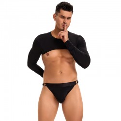Black Ice Silk Long Sleeves Crop Top Sexy Men Lingerie Set