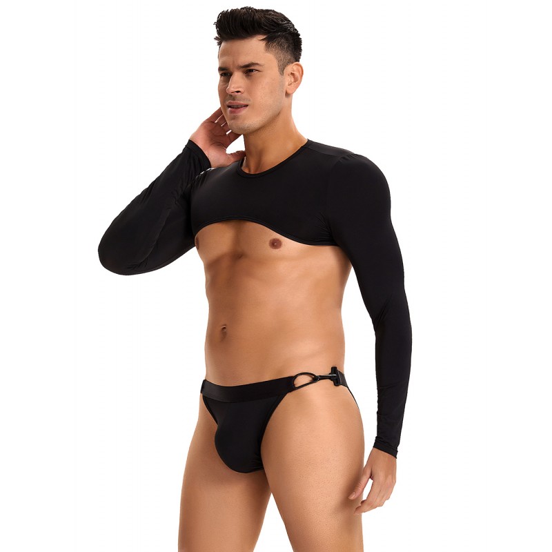 Black Ice Silk Long Sleeves Crop Top Sexy Men Lingerie Set. Артикул: IXI64043