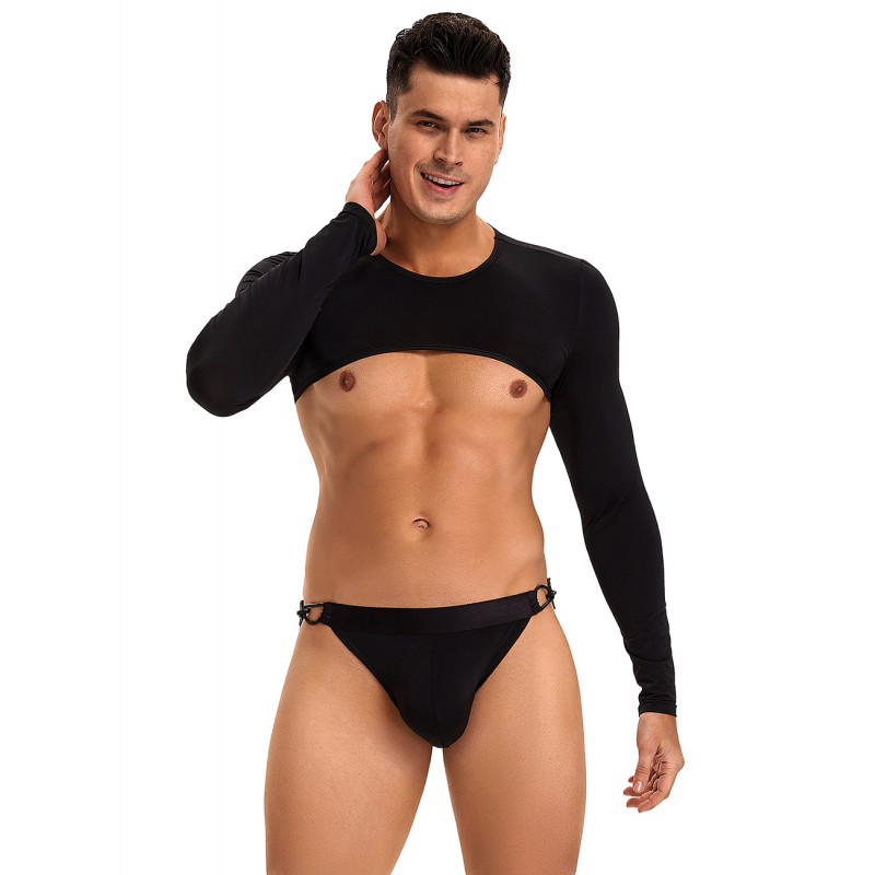 Black Ice Silk Long Sleeves Crop Top Sexy Men Lingerie Set. Артикул: IXI64043