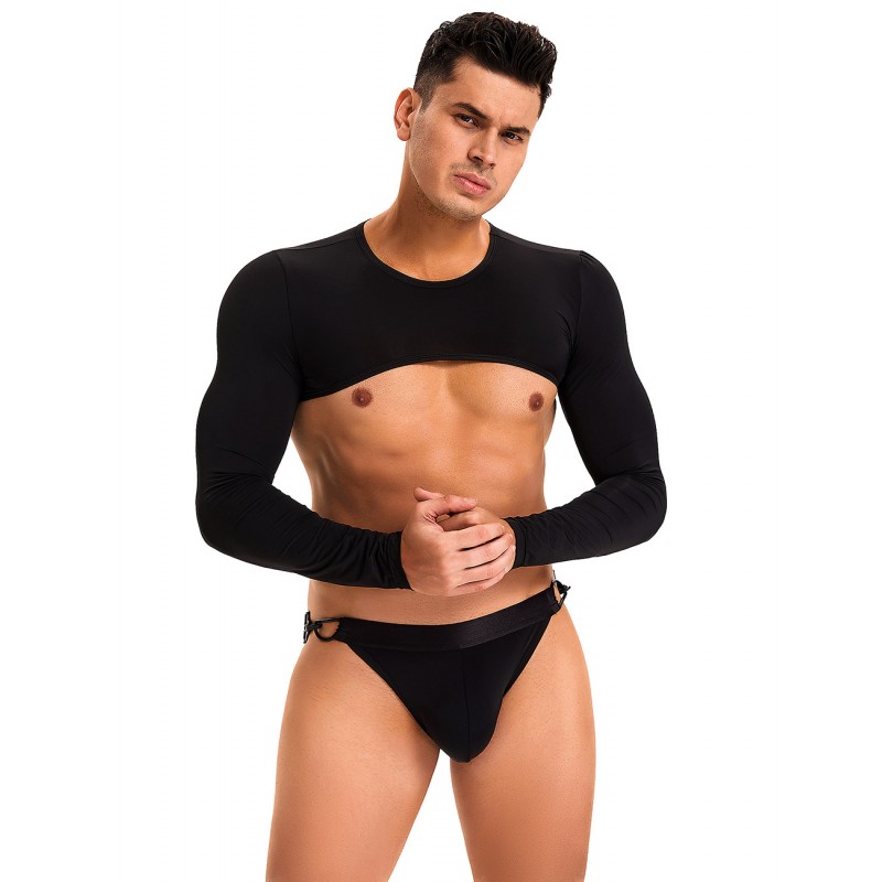 Black Ice Silk Long Sleeves Crop Top Sexy Men Lingerie Set. Артикул: IXI64043