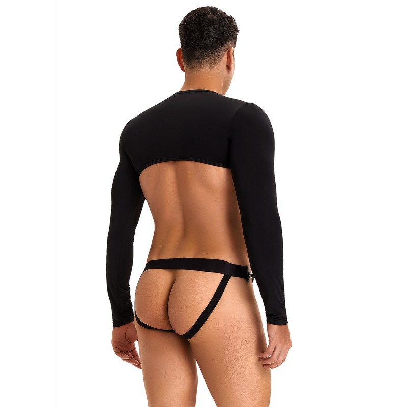 Black Ice Silk Long Sleeves Crop Top Sexy Men Lingerie Set. Артикул: IXI64043