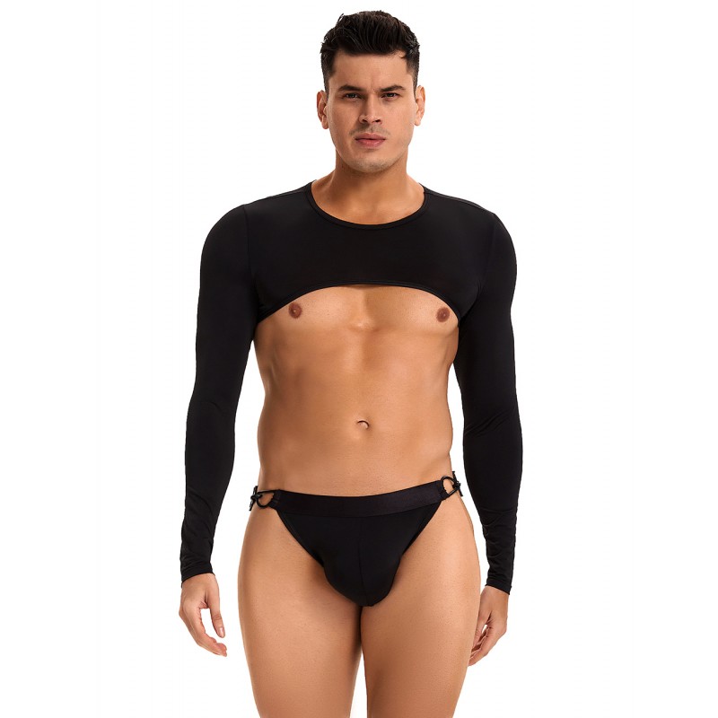 Black Ice Silk Long Sleeves Crop Top Sexy Men Lingerie Set. Артикул: IXI64043