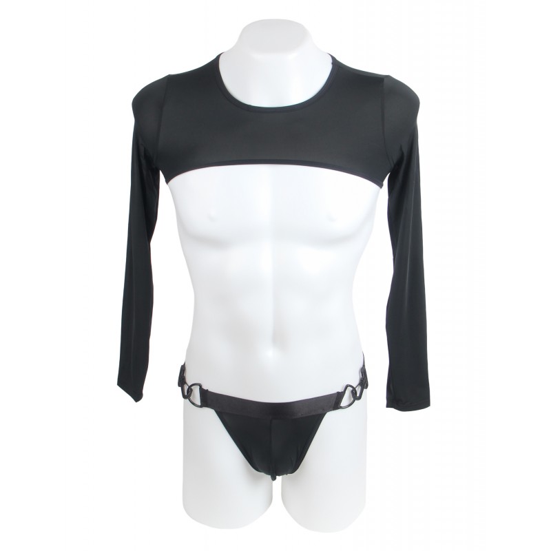 Black Ice Silk Long Sleeves Crop Top Sexy Men Lingerie Set. Артикул: IXI64043